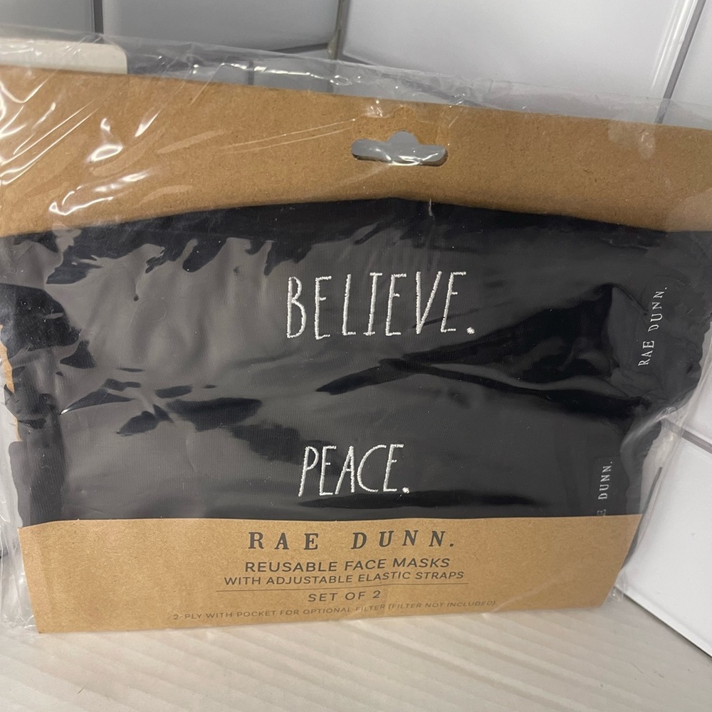 Rae Dunn Reusable Cotton Masks Adjustable Ear Loops BELIEVE PEACE New